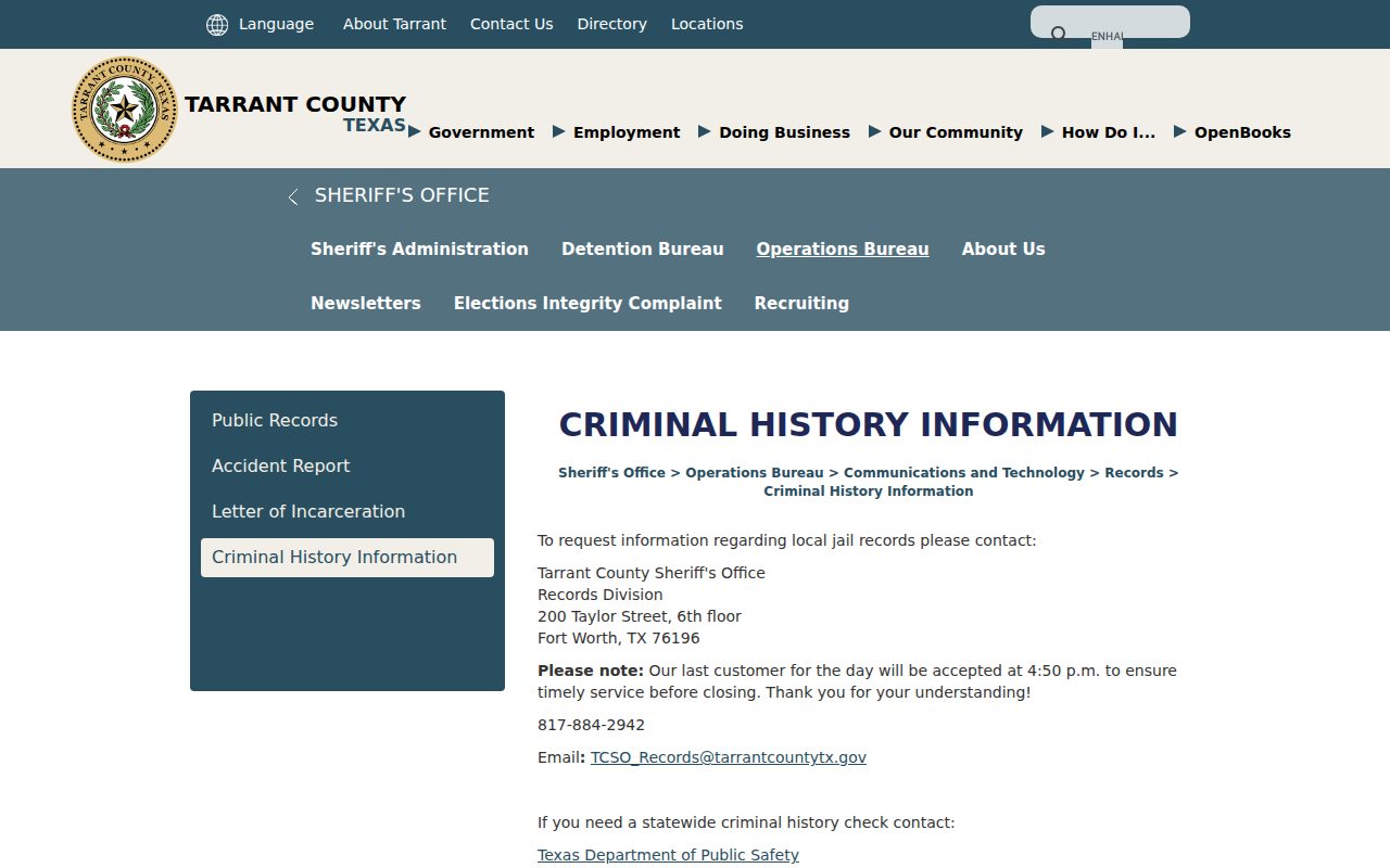 Sheriff's Office Records – Criminal History Information screenshot