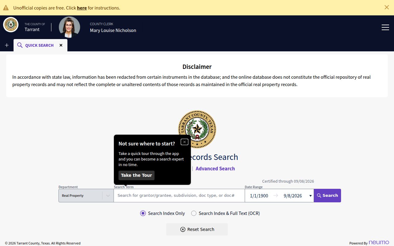 Tarrant County Clerk – Official Public Records Search screenshot