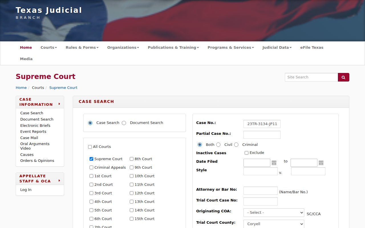 Texas Courts – Appellate Case Search screenshot