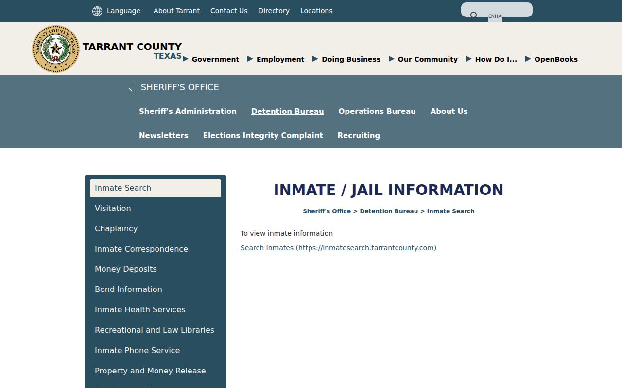 Detention Bureau – Inmate Search page screenshot