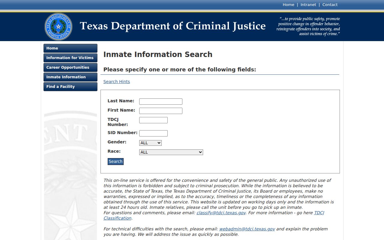 Texas Department of Criminal Justice – Inmate Search screenshot