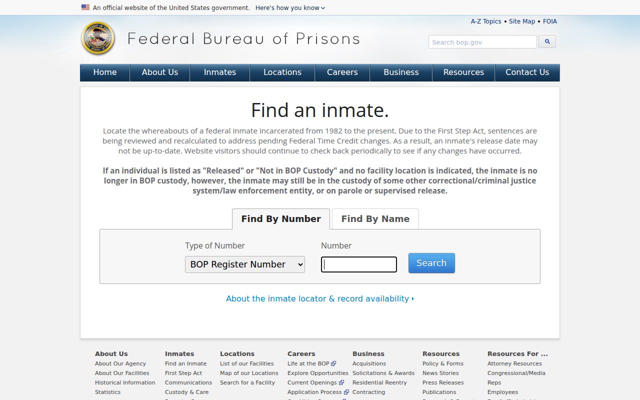 Federal Bureau of Prisons – Inmate Locator screenshot