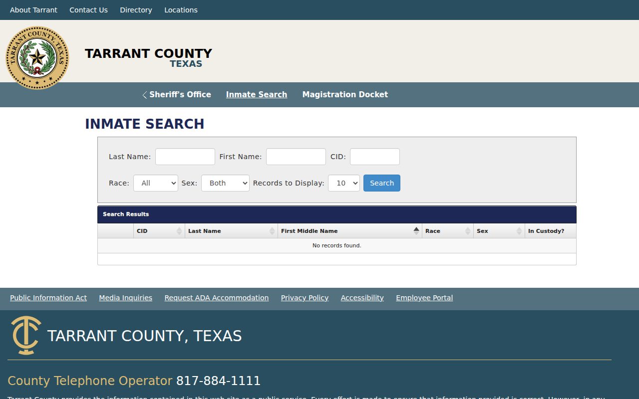 Tarrant County Inmate Search (official) screenshot