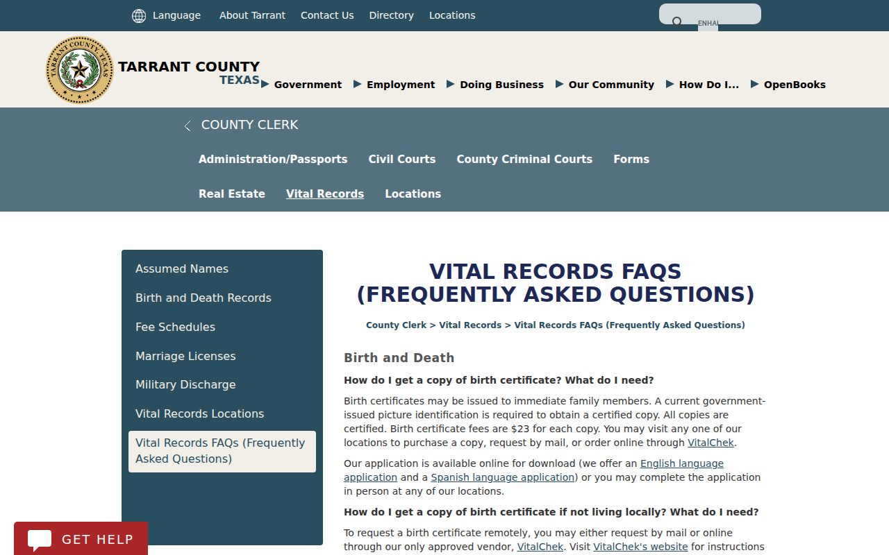 Vital Records FAQs screenshot